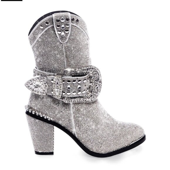 Dolls Kill Icy Sheriff Silver Rhinestone Bling Western Cowboy Boots Size 11 - Picture 1 of 9